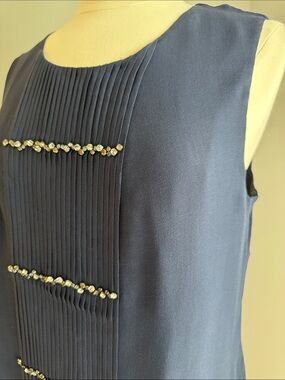J. Crew NWOT Sleeveless Pleated Rhinestone Placket Blouse - Navy, Size 12